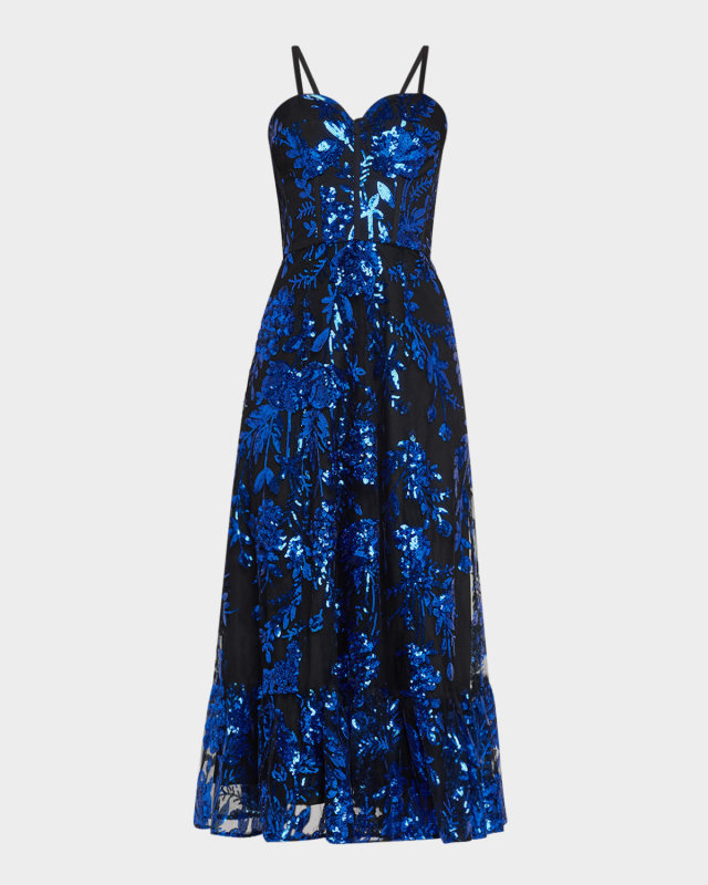 Carina Floral Sequin Sweetheart Midi Dress
